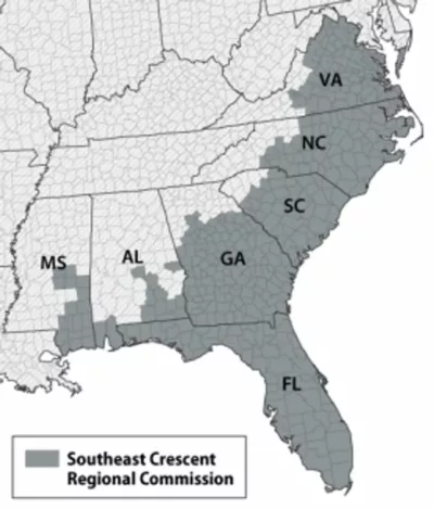 Map of scrcc.org Southeast Crescent Regional Commission, Virginia, NorthCarolina, South Carolina, Georgia, Florida, Alabama