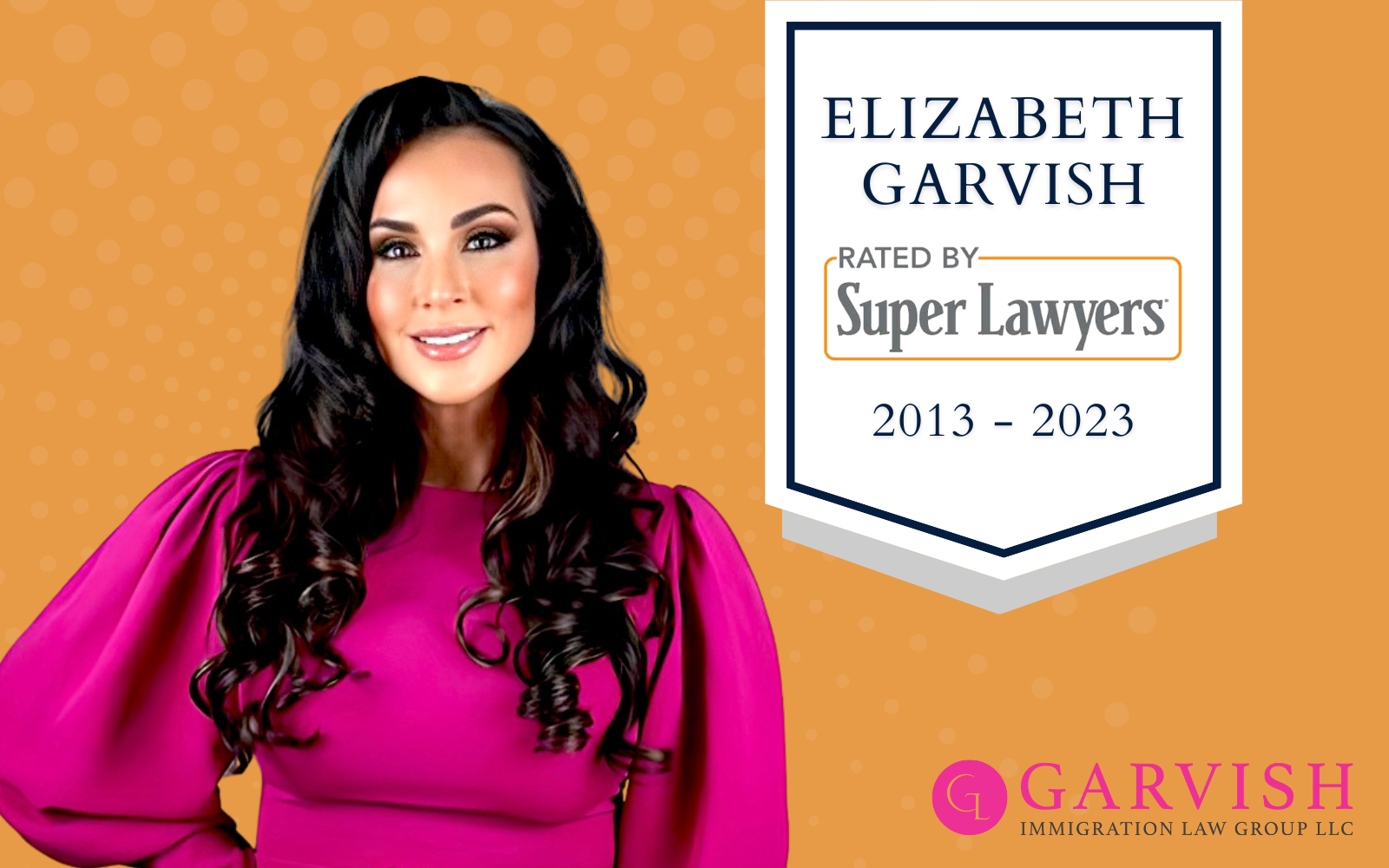 2023 Georgia Super Lawyers Blog Header with Yellow Background and Banner for Elizabeth Garvish, Atlanta Immigration Attorney, Founder of Garvish Immigration Law Group