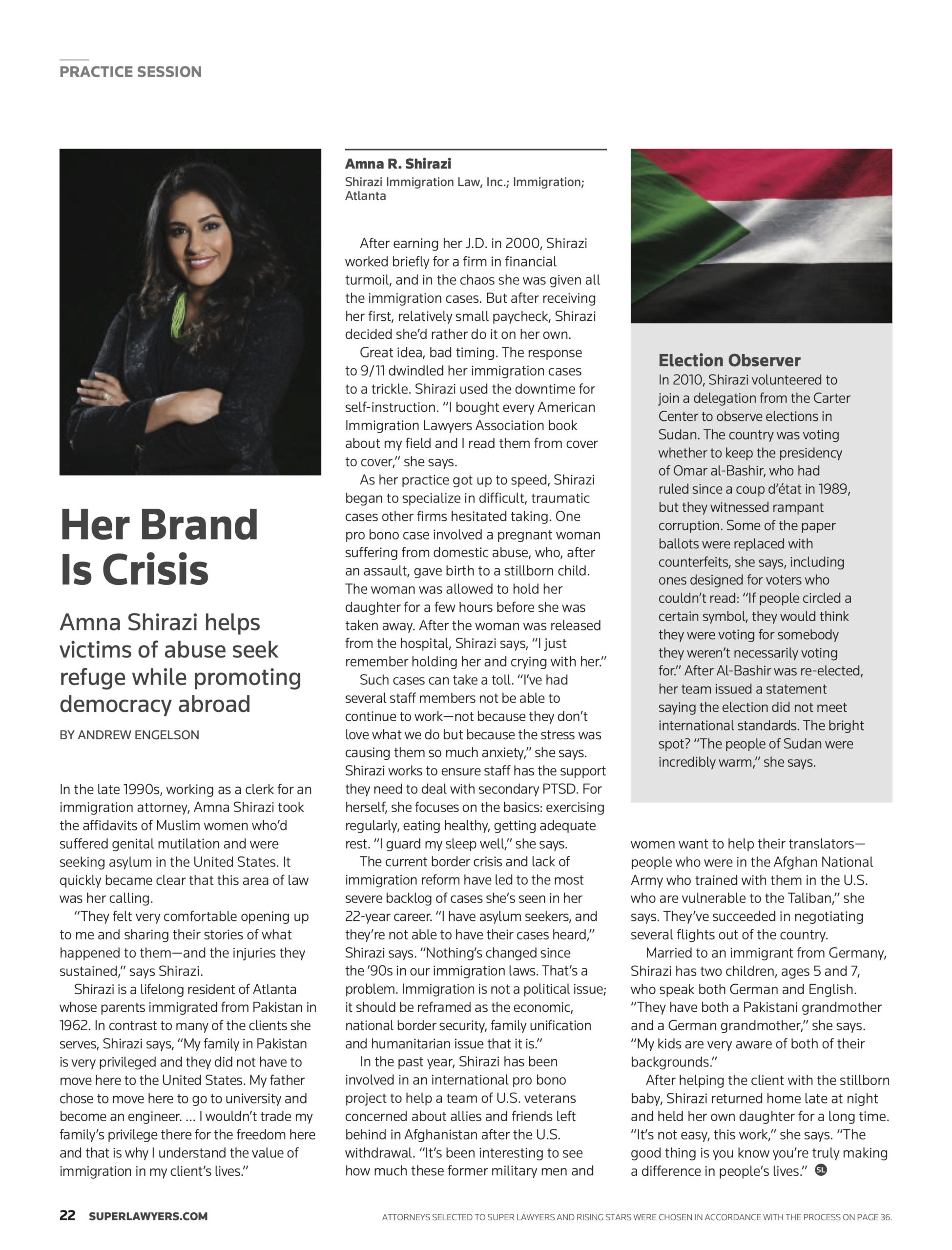 Amna Shirazi, Of Counsel Garvish Immigration Law Group, Featured Story in 2023 Georgia Super Lawyers Magazine discussing how she helps victims of abuse through immigration services.